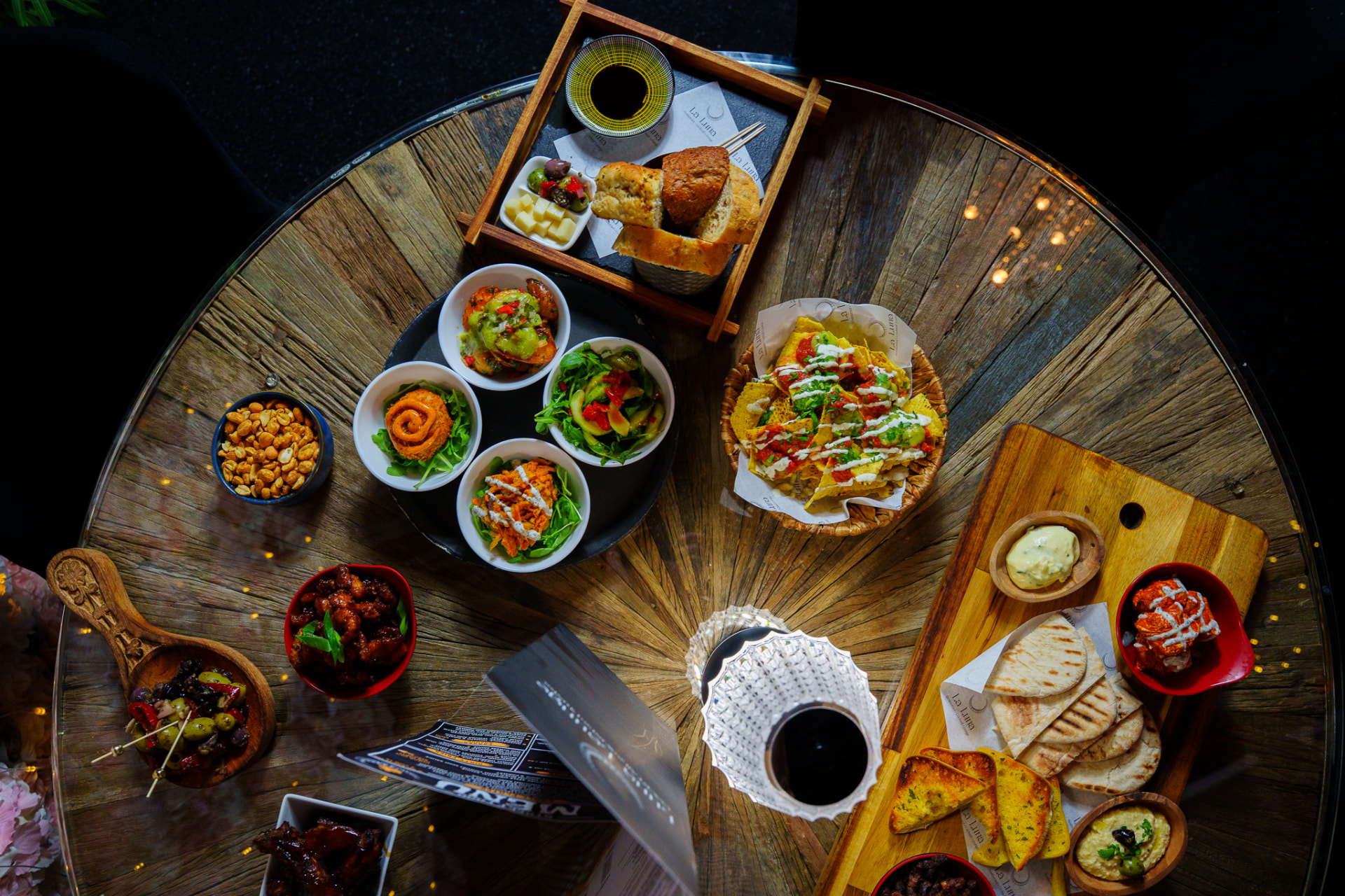 Viral sharing platter spread with tapas and dips